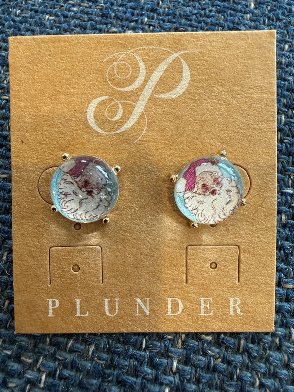 Plunder Gold-Tone Stud Earrings with Light Blue and Pink Santa Motif